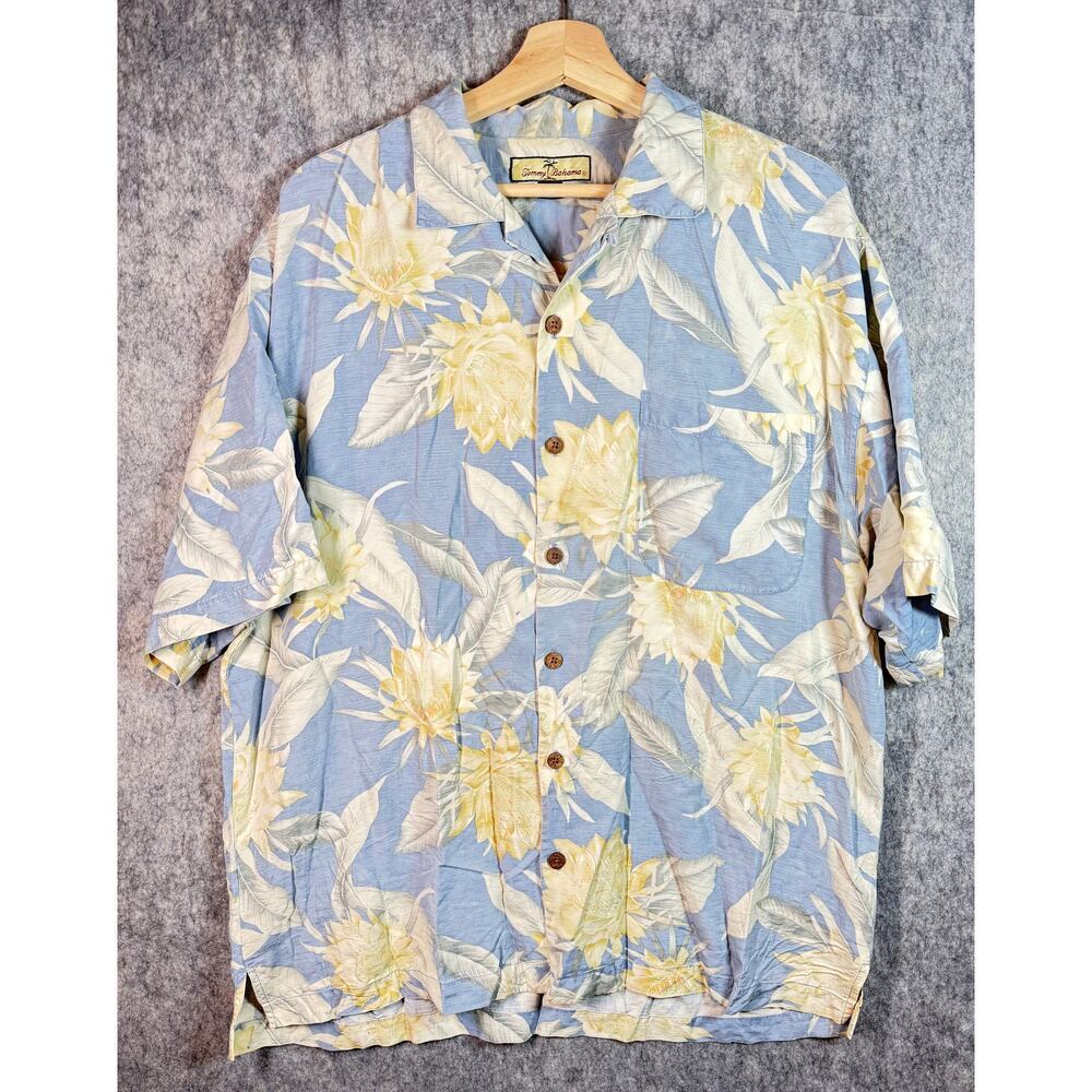 Tommy Bahama Mens Blue Floral Large 100% Silk Short Sleeve Button Up